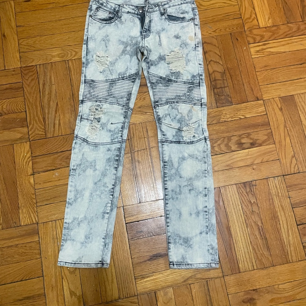 Machine Acid Wash Skinny Jeans - Light Gray